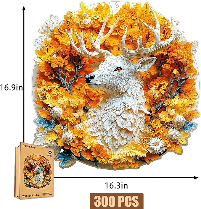 Wooden Jigsaw Puzzle, 200-500 Pieces Unique Shape Animal Puzzle, for Adults & Kids, Birthday Gift Family Game, Decorative Puzzle, Unique Gift (Golden Deer, 300 PCS)