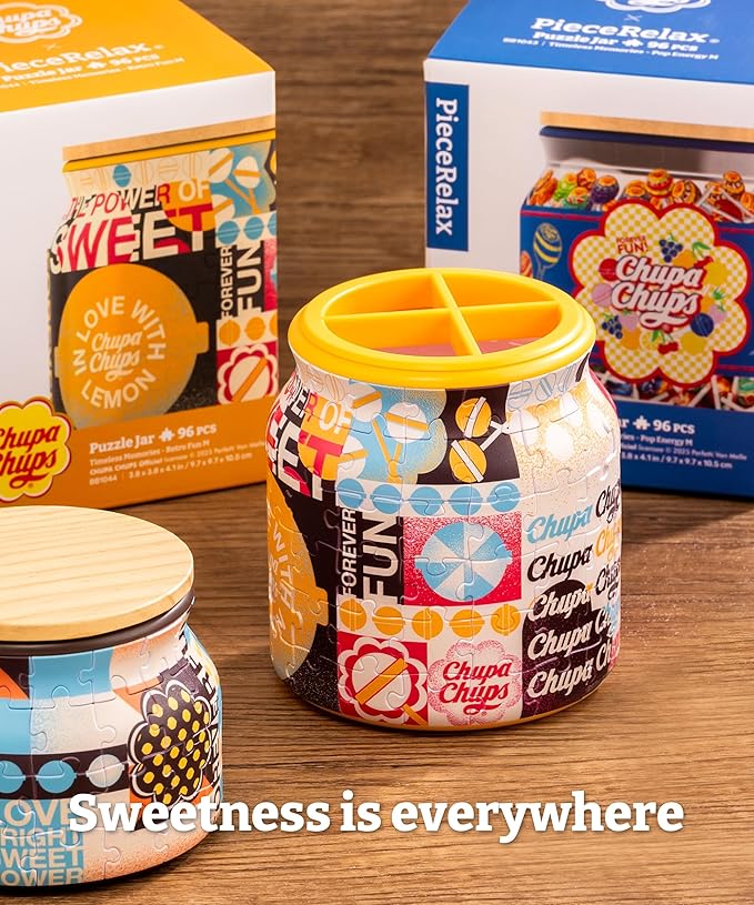 Chupa Chups X PieceRelax 3D Puzzle Jar 96 Plastic Pieces for Adults - Timeless Memories - Retro Fun M Use Includes Divider as Pen and Utensils Holder with Wooden Lid for Kitchen Dining Study [BB1044]