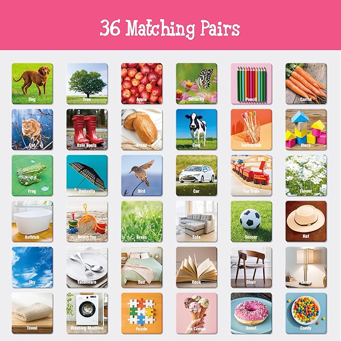 72 PCS Daily Items Matching Game, 36 Designs Everyday Objects Memory Cards Engaging Picture Matching Game, Educational Learning Toys for Preschool 4 5 6 Years Old