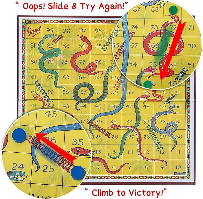 Classic Snakes and Ladders Board Game – Foldable Family Board Game with Dice & Pawns, Retro Educational Toy for Kids & Adults, Travel Portable Game Set for 2-4 Players Ages 3+