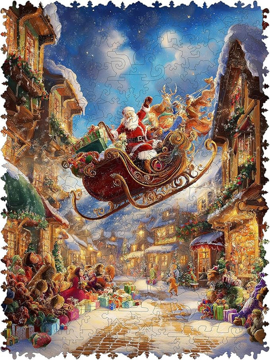 Christmas Sleigh Wooden Puzzles for Adults & Kids - 500 Pcs, Luxury Shaped Wood Jigsaw Puzzle, 12.6"x16.7", Challenging Holiday Family Game, Home Decor