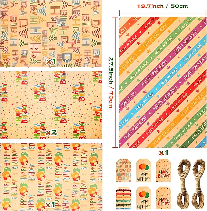 Wrapping Paper Birthday Gift Wrapping Paper Sheets Set, Kraft Birthday Gift Wrap Set,Balloon Star Happy Birhtday Paper with Tags String,Bday Present Wrap for Boy Girl Women Men