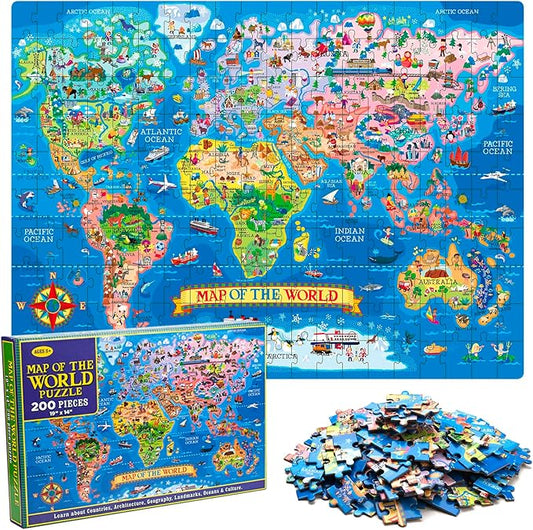 200 Pieces World Map Jigsaw Puzzle for Kids Ages 4-8, Environmental Recyclable Cardboard, Portable, Hand-Eye Coordination, Spark Educational Conversations