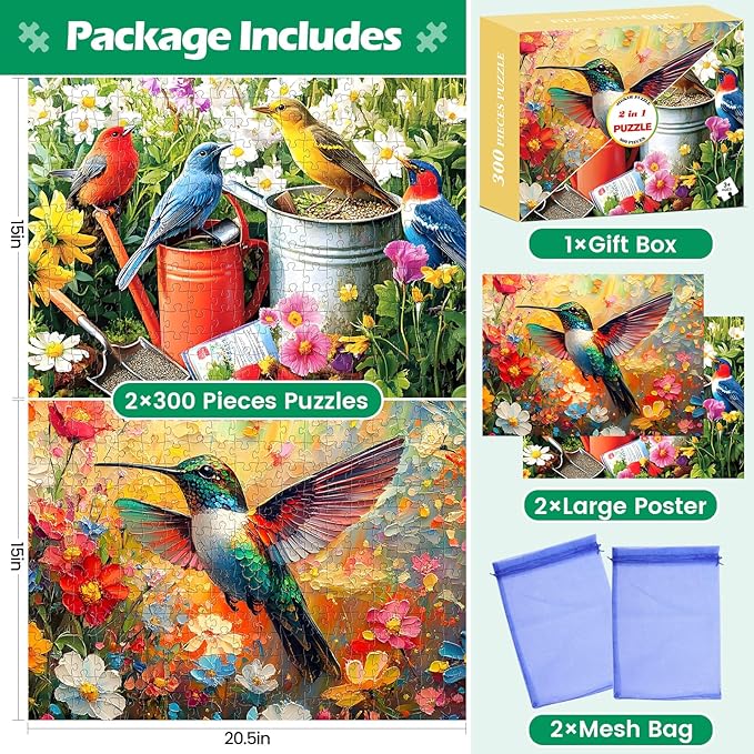 2 Pack Jigsaw Puzzles 300 Pieces for Adults, Hummingbird Puzzle for Adults Kids Seniors, Bird 300 Pieces Puzzle No Dust Pieces Fit Together Perfectly, Challenging Puzzles Family Game Gift Toy