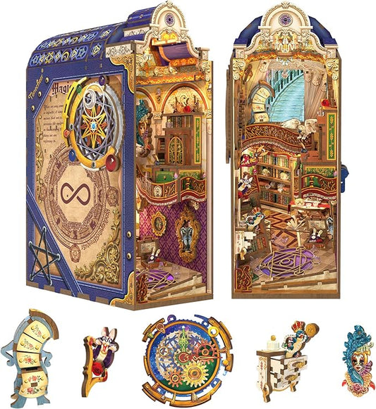 Tonecheer DIY Book Nook Kit for Adults, 3D Wooden Puzzle Bookend Miniature House Kit, Booknook Bookshelf Insert Decor with Dust Cover and LED Lights Gifts (Magical Library)