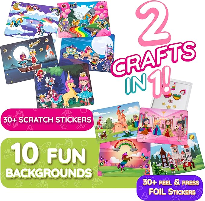 Craftikit ® Award-Winning Unicorn and Princess Foil Art & Rainbow Scratch Art for Kids- 2-in-1 Arts and Crafts Kit for Kids Ages 4-10 - Unicorn Crafts for Girls Ages 4, 5, 6, 7, 8, 9, 10