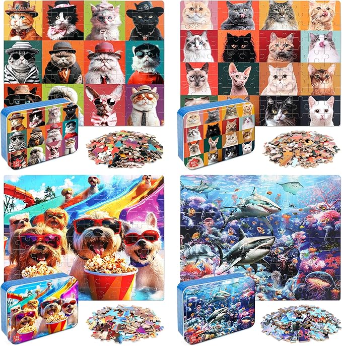 LELEMON 100 Pieces Puzzles for Kids Ages 4-8, 4 Set Kids Puzzle Ages 6-8,Dogs Cats Shark Children Learning Educational Puzzless Toys for Boys and Girls