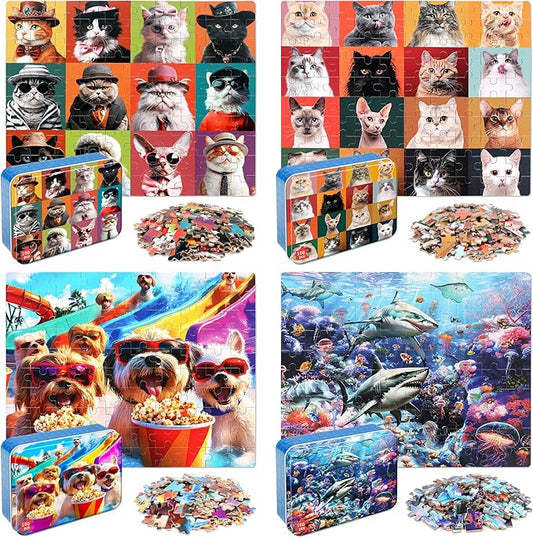 LELEMON 100 Pieces Puzzles for Kids Ages 4-8, 4 Set Kids Puzzle Ages 6-8,Dogs Cats Shark Children Learning Educational Puzzless Toys for Boys and Girls