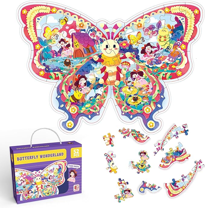 52 Piece Butterfly Jigsaw Puzzle for Kids 3+, Large Floor Puzzle for Preschool Learning with Storage Bag, Educational Toy Gift Birthday and Christmas for Boys Girls