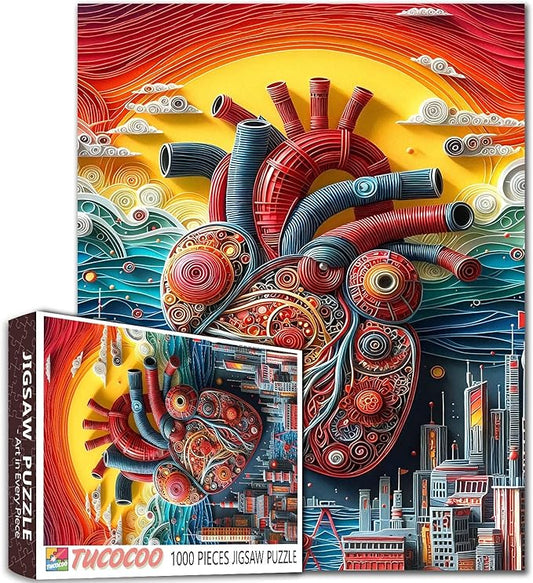 Steampunk Style Heart 1000 Piece Jigsaw Puzzles for Adult Mechanical Human Organ Painting Jigsaw Puzzle Abstract Cityscape 1000 Pieces Puzzles Game Wall Decor DIY Craft Puzzle Art Biology Gift(Red)