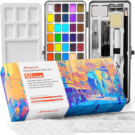 Watercolor Paint Set, 50 Colors, Paint Brushes and Palette included, Including Metallic and Fluorescent Colors, Art Supplies, for Artists, Amateur Hobbyists and Painting Lovers