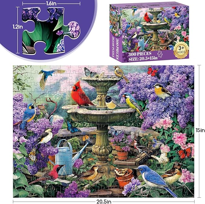 300 Piece Puzzles for Adults, Garden Birds Bath Puzzle for Adults Kids Seniors,Large Piece Fountain Garden Puzzle for Kids Ages 8-10 10-12,Nature Flower Birds Puzzles Perfect for Game Night,20.5x15 in