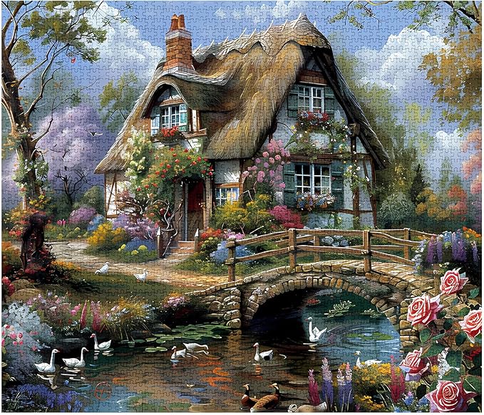 1000 Piece Jigsaw Puzzles for Adults Cabin Scenery Painting Jigsaw Puzzle Flowers 1000 Pieces Puzzles Bridge River Flowers House Wall Decor DIY Craft Puzzle Vintage Thatched Cottage Art