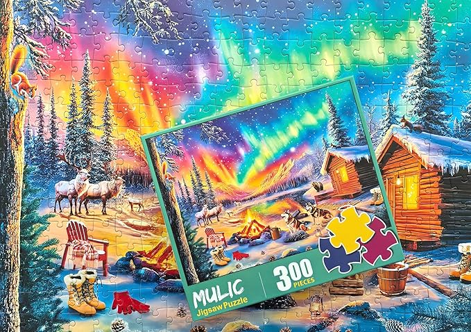 300 Piece Puzzles for Adults - Large Piece Jigsaw Puzzles for Seniors - Campfire Under The Northern Lights