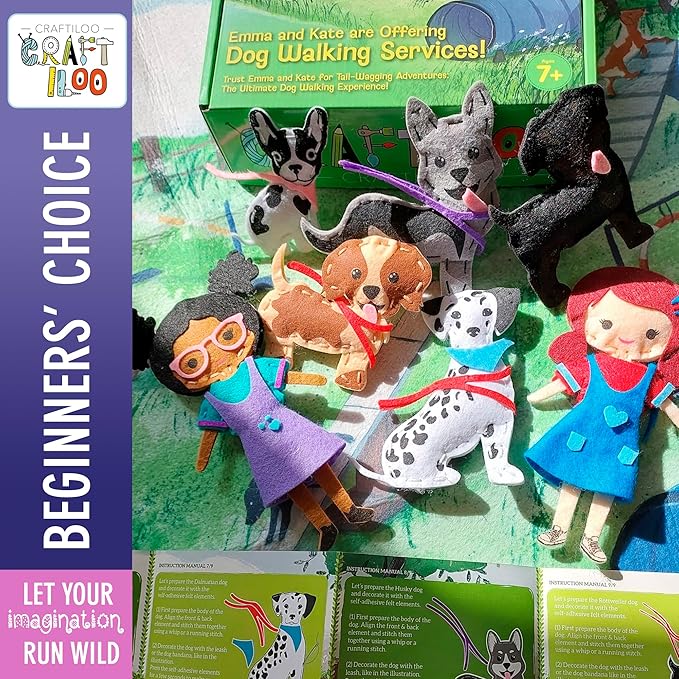 CRAFTILOO 8 Pre-Cut Dogs Stuffed Animal Fun Kids Sewing Kit for Kids Ages 8-12 Children Beginners Sewing kit Kid Puppy Crafts Felt Pillow Plush Craft Kit Girls and Boys