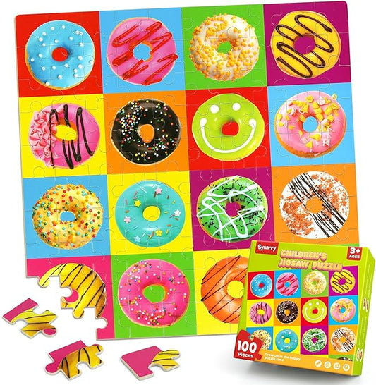 SYNARRY 100 Piece Wooden Puzzles for Kids Ages 4-8, Donuts Jigsaw Puzzle for Kids Ages 4-6 8-10 Teens, Preschool Educational Puzzles for 4 5 6 7 8 9 Years Old Boys Girls Children, Beautiful Toys Gifts