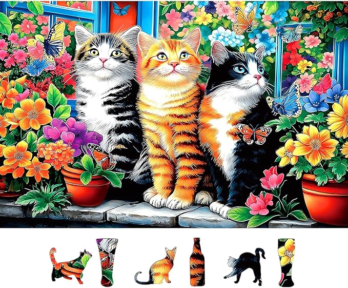 Blueforest Puzzles for Adults 500 Pieces - Cats in Garden with Vibrant Flowers & Butterflies 500 Piece Jigsaw Puzzles, 23x15 Inches Intermediate Challenge Puzzle