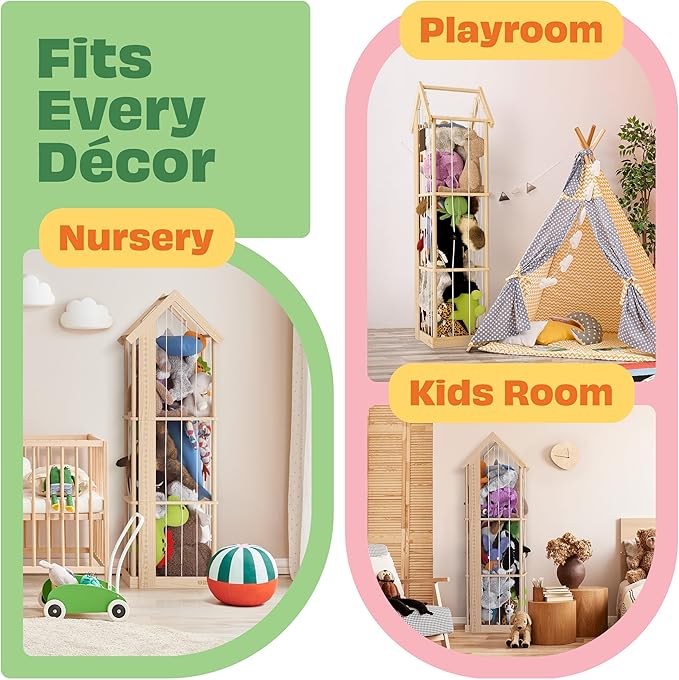 Stuffed Animal Zoo Storage Cage | Wooden Plush Tower Storage | Durable Plush Toy Stuffie Holder | Vertical Jail Organizer with Height Ruler, Stickers & RGB Light (Large)