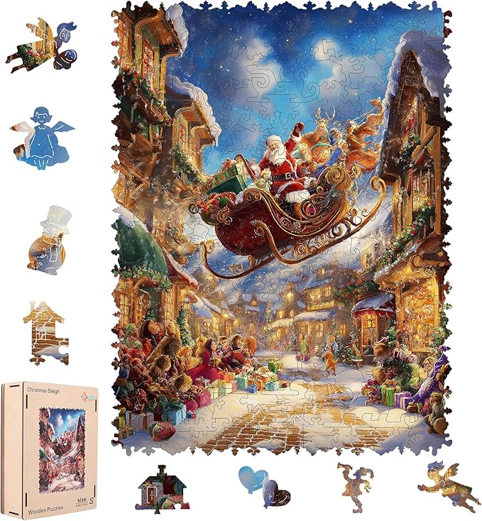 Christmas Sleigh Wooden Puzzles for Adults & Kids - 200 Pcs, Luxury Shaped Wood Jigsaw Puzzle, 8.9"x11.8", Challenging Holiday Family Game, Home Decor