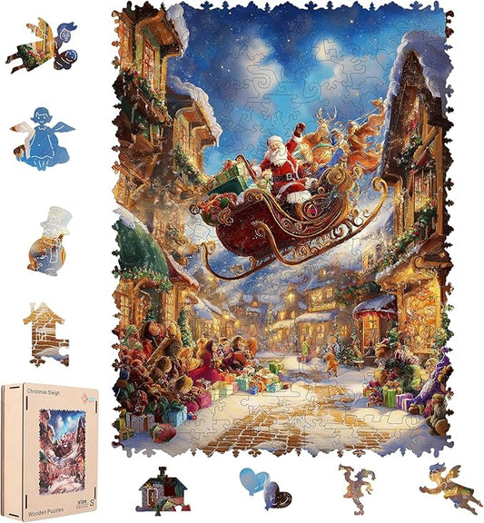 Christmas Sleigh Wooden Puzzles for Adults & Kids - 200 Pcs, Luxury Shaped Wood Jigsaw Puzzle, 8.9"x11.8", Challenging Holiday Family Game, Home Decor