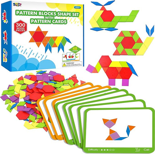 300 PCS Wooden Pattern Blocks Set for Kids with 24 Double-Sided Design Cards(48 Patterns) and Storage Bag in Gift Box,Fun Montessori Learning Toys