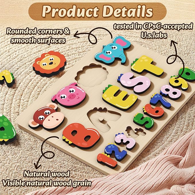 Personalized Name Puzzle for Toddlers - Custom Wooden Jigsaw Puzzles with Animals, Montessori Learning Toys, Baby Birthday Gift for 1, 2, 3 Year Old Boy or Girl (Name Puzzle-04)