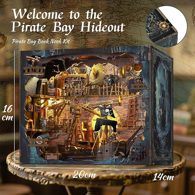 Book Nook Kit - DIY 3D Wooden Puzzle Miniature House with LED Lights - Creative Crafts for Adults - Bookshelf Insert Decor - Educational Gift for Family & Friends（Pirate Bay）