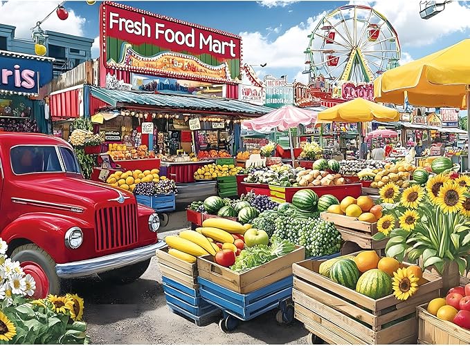 300-Piece Cozy Food Stands Piece Puzzle for Adults – Farmer’s Market Jigsaw Puzzle with Fresh Fruits – Recycled Paper Puzzle, Relaxing Family Activity Game, for Adults, Seniors, and Kids