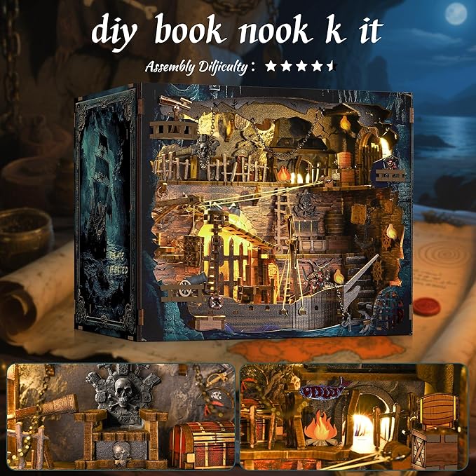 Book Nook Kit - DIY 3D Wooden Puzzle Miniature House with LED Lights - Creative Crafts for Adults - Bookshelf Insert Decor - Educational Gift for Family & Friends（Pirate Bay）