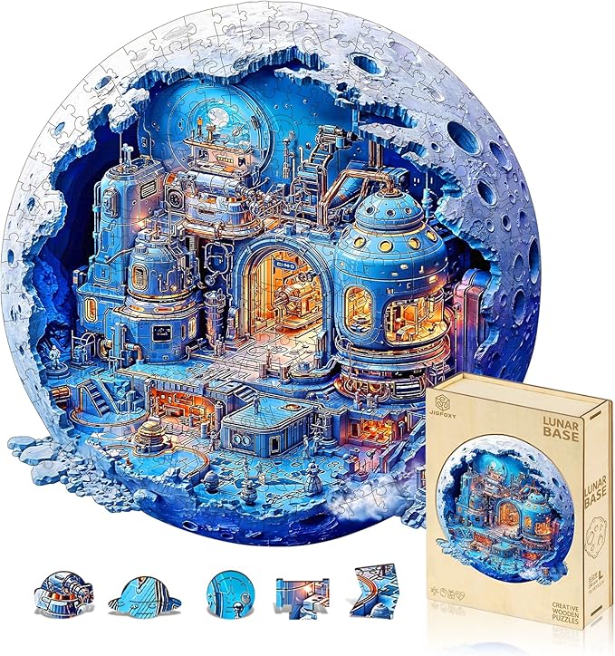 Jigfoxy Wooden Puzzles for Adults, Lunar Base Wood Puzzles Adult, Unique Animal Shape Wooden Jigsaw Puzzles for Adults, Birthday Gifts for Puzzle Lovers, Family, Friend (M-11.2 * 11.3in-187pcs)
