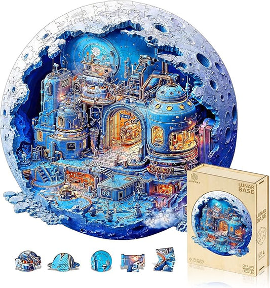 Jigfoxy Wooden Puzzles for Adults, Lunar Base Wood Puzzles Adult, Unique Animal Shape Wooden Jigsaw Puzzles for Adults, Birthday Gifts for Puzzle Lovers, Family, Friend (M-11.2 * 11.3in-187pcs)