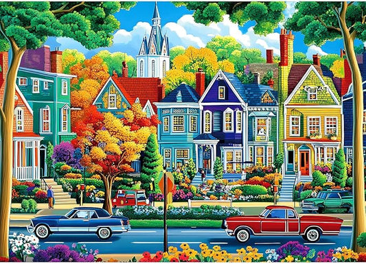 Fall City Landscape Puzzles for Adults 1000 Pieces Funny Colorful Autumn Vibrant Stree Jigsaw Puzzles 1000 Pieces Challenging Family Puzzle with Letters on Back Games Gift for Boys and Girls