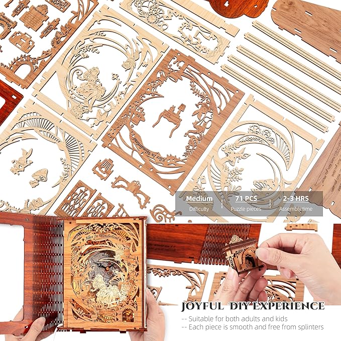 Alice in Wonderland LED 3D Puzzle Nightlight - DIY Book Lamp with Clock - 3D Wood Puzzles Nightlight Home Décor for Kids and Adults