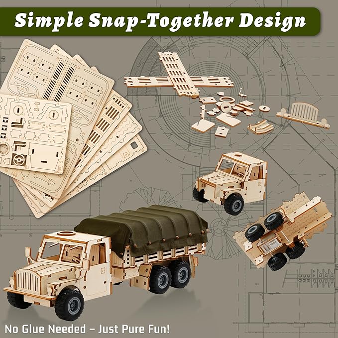 SIGHTEEDA Pull-Back Adventure Truck 3D Wooden Puzzle - 118 Pcs STEM Building Model Kit for Kids Ages 6-12 | All-Terrain Wheels & Removable Cover | Creative Gift for Kids & Teens