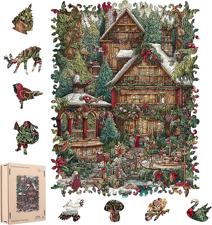 Christmas Forest House Wooden Jigsaw Puzzle for Adults - 200 Pcs, 8.9'' x 11.8'', Educational Wood Puzzle, Family Game, Brain Teaser Gift for Boys & Girls, Beautiful Packaging
