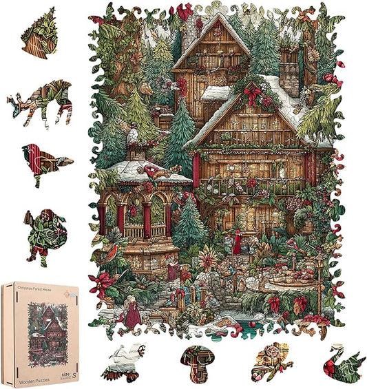 Christmas Forest House Wooden Jigsaw Puzzle for Adults - 200 Pcs, 8.9'' x 11.8'', Educational Wood Puzzle, Family Game, Brain Teaser Gift for Boys & Girls, Beautiful Packaging