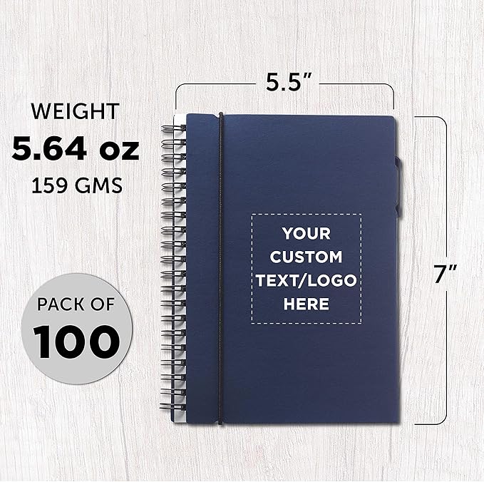 DISCOUNT PROMOS Custom Spiral Notebooks with Elastic Closure Set of 100, Personalized Bulk Pack - Perfect for School, Office, Business and More - Navy Blue