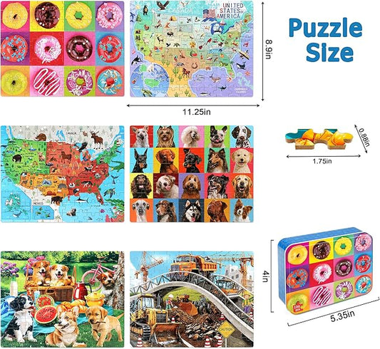 LELEMON Puzzles for Kids Ages 4-6,6 Pack 100 Piece Puzzles for Kids Ages 4-8 in a Metal Box,Educational Jigsaw Puzzles Puzzle Games Puzzle Toys for Girls and Boys