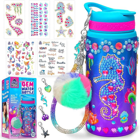 PURPLE LADYBUG Decorate Your Own Water Bottle for Girls, 22oz - Mermaid Peel-and-Stick Gemstones, Charms & Stickers Craft Set, Great Birthday Gifts for Girls 5-10 Years Old, Christmas Gift for Girl