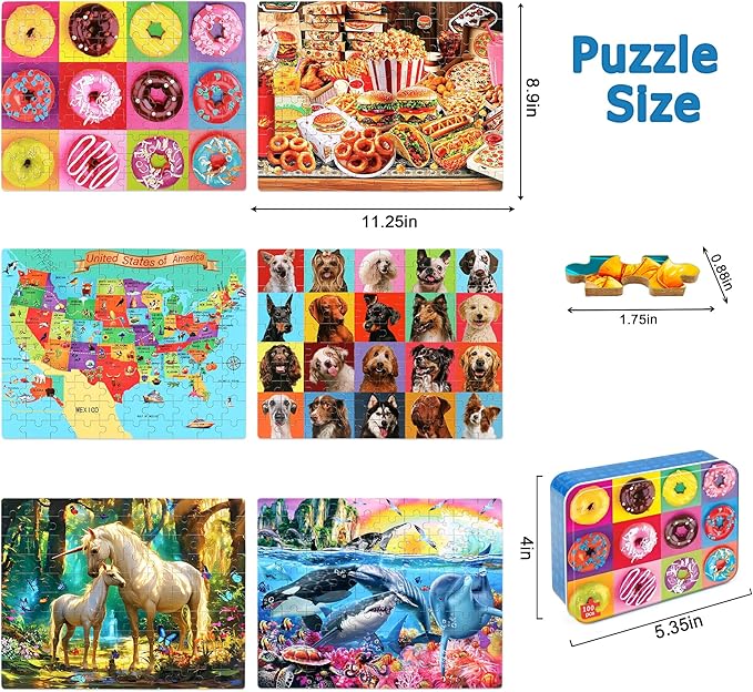 LELEMON Puzzles for Kids Ages 4-6,6 Pack 100 Piece Puzzles for Kids Ages 4-8 in a Metal Box,Educational Jigsaw Puzzles Puzzle Games Puzzle Toys for Girls and Boys