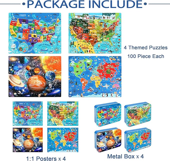 LELEMON 100 Pieces Puzzles for Kids Ages 4-8, 4 Set Kids Puzzle Ages 6-8,United States World Solar System Children Learning Educational Puzzless Toys for Boys and Girls