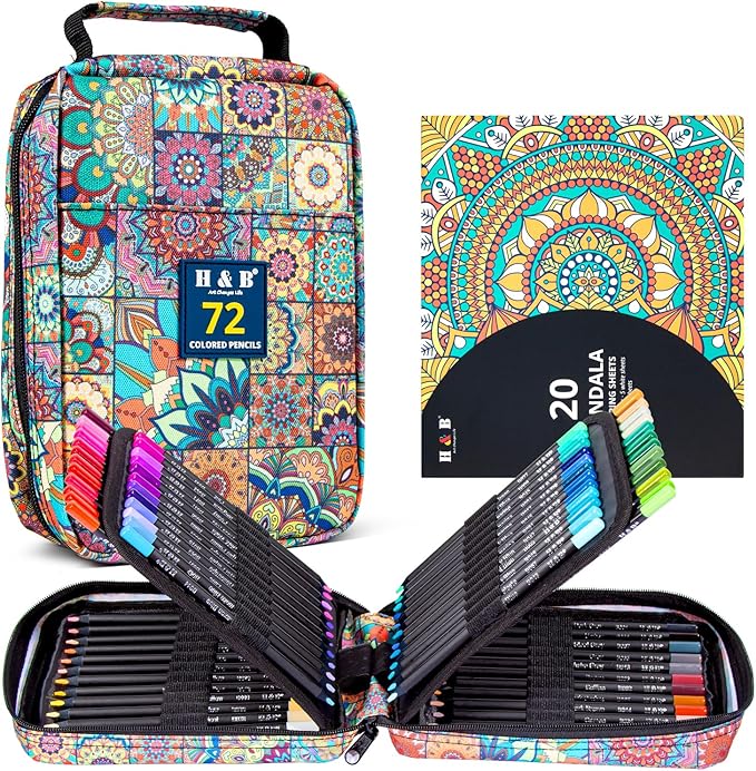 H & B Colored Pencils Set with Coloring Book, Eraser, and Sharpener - Perfect for Drawing and Coloring - Soft Oil-Based Cores Ideal (72)