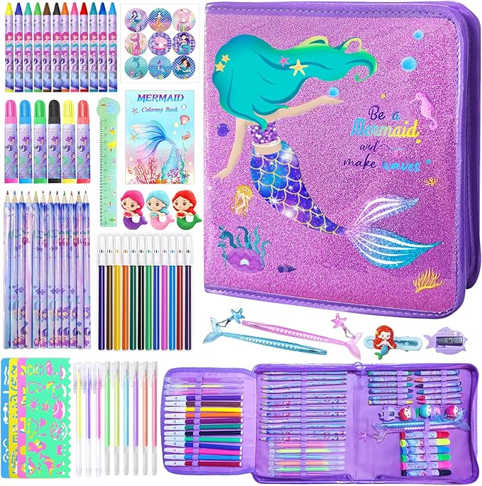 CORALMEE Mermaid Markers Set for Kids, 66 Pcs Drawing Art Supplies with Pencil Case, Markers, Crayons, Gel Pens, Stencils, Ruler, Birthday Gifts for Girls 4-9 Years Old, Ideal for Creative Fun