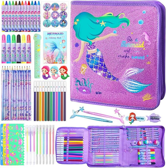 CORALMEE Mermaid Markers Set for Kids, 66 Pcs Drawing Art Supplies with Pencil Case, Markers, Crayons, Gel Pens, Stencils, Ruler, Birthday Gifts for Girls 4-9 Years Old, Ideal for Creative Fun
