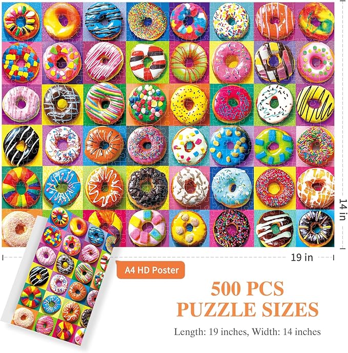 ALL4JIG Doughnut Fun Jigsaw Puzzles for Adults and Kids, 500 Pieces, 19" x 14", Christmas Secret Santa Gift, White Elephant Gifts, Number Partitioned for Easy Solving