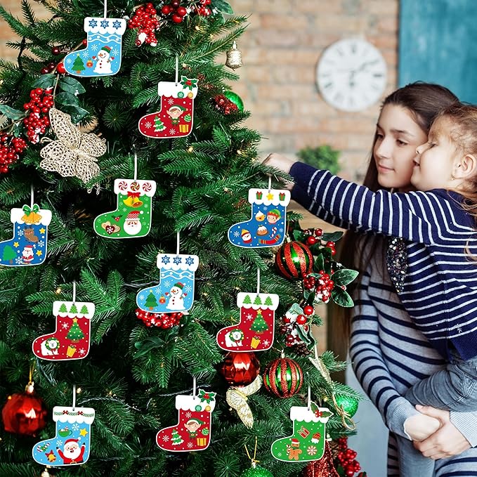 EZdhuawuse Christmas Stockings Craft Kits - 123Pcs Christmas Stocking DIY Sticker Ornaments for Kids, Make Your Own Xmas Craft Paper Stockings, DIY Xmas Ornaments Kits for Tree Wall Door Hanging