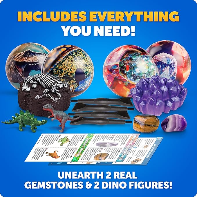 Blue Marble Science Surprise Christmas Ornament Dig Kits – 4 Ornaments with Mini Gemstone and Dinosaur Dig Bricks, Includes Digging Tools and Learning Guide