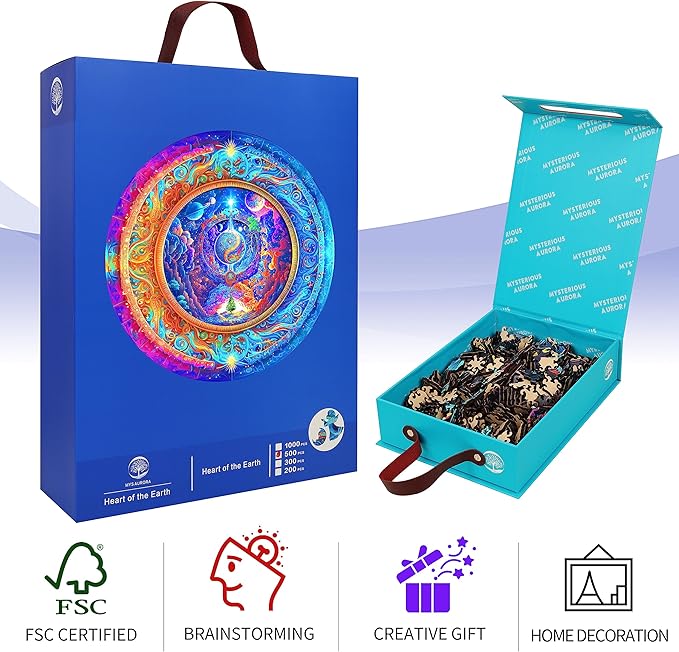 Mys Aurora Wooden Puzzles for Adults Mandala Premium Unique 300 Piece Medium Size 12.6" x 12.6" Jigsaw Puzzles Brain Teaser Puzzles, Beautiful Package, Best Gift for Adults Family Games