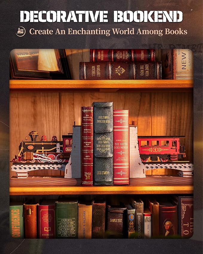 Rolife 3D Puzzles for Adults DIY Book Nook Kit Wooden VintageTrain Decorative Bookends 6.5" Model Building Kit Crafts for Adults Gifts for Boys Girls