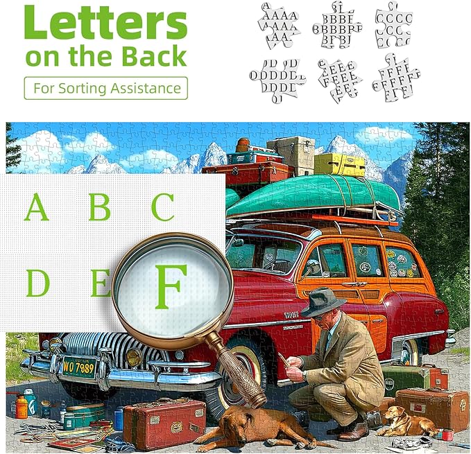 Vintage Car Puzzles for Adults 500 Piece Travel Adventure Jigsaw Puzzle Mountain Scene Large Piece Puzzles for Seniors Family Challenging Puzzle with Letters on Back Perfect for Game Night (23"X15")